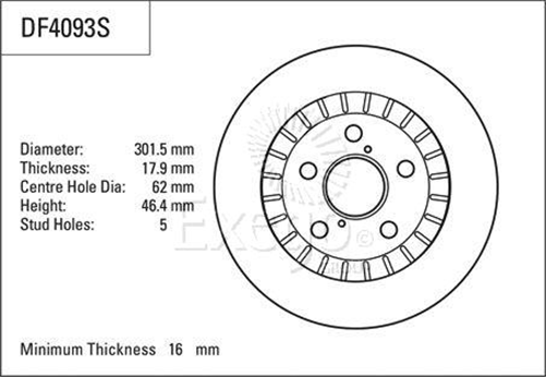 Disc Brake Rotor 301.5mm x 16 Min