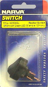Rocker Switch Off/On SPST Green LED (Contacts Rated 30A @ 12V)